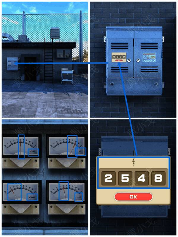 电箱上的密码锁带有闪电形状的金属装饰条纹