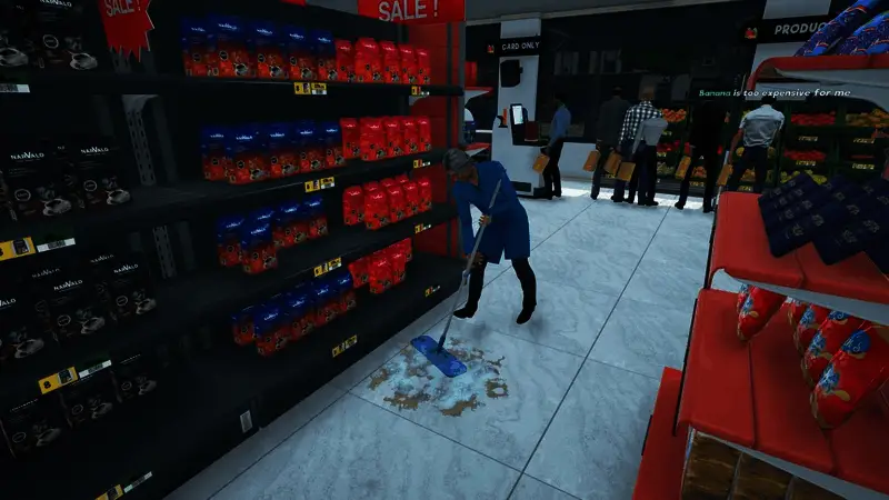 游戏场景中玩家正在布置货架，背景有多个顾客在选购商品