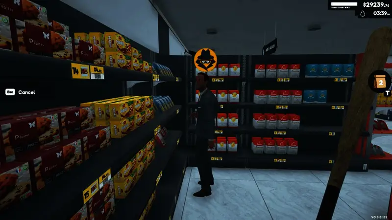 玩家在超市中巡视检查货架补货情况，手持记录板进行标记