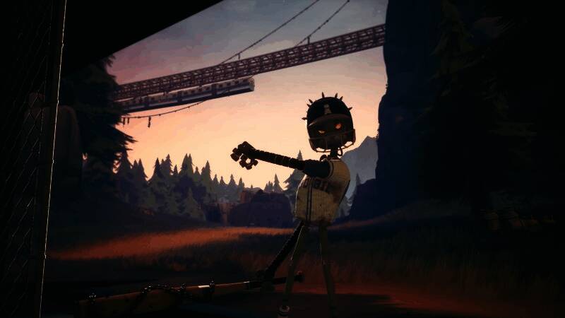 探索场景展示，主角正在废墟中穿行，背景可见多个形态各异的机器人