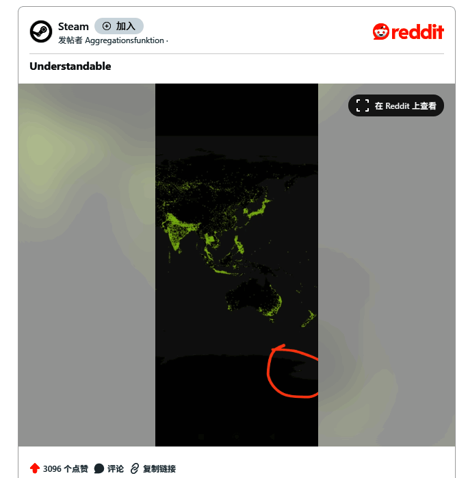另一张Steam玩家分布图，重点标注南极洲亮点与其他地区对比