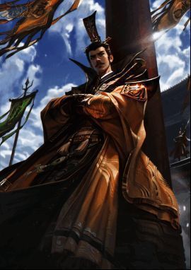 「谋」袁术身穿华丽锦袍，手执玉扇，身后有随从簇拥，尽显贵族风范