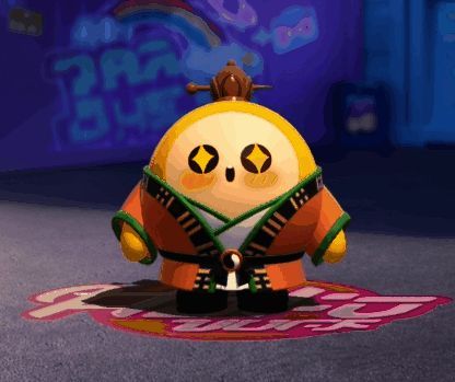 蛋仔身穿金色主题套装，手持八卦道具，造型喜庆可爱