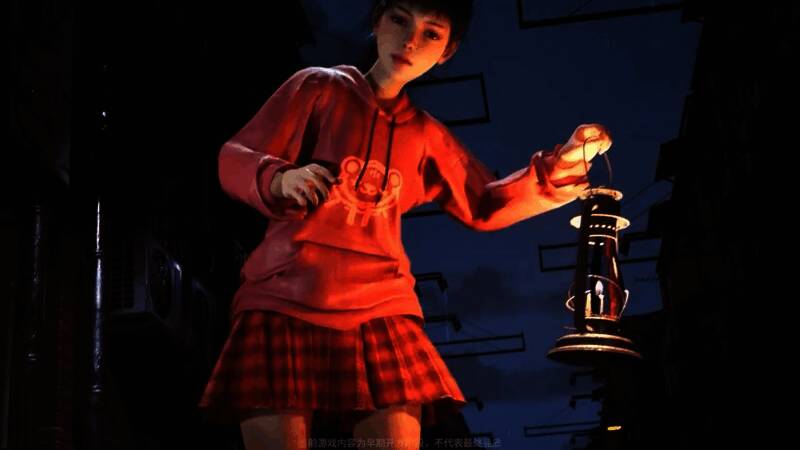 夜晚场景下角色与机器人并肩而立，远处是闪烁着微弱光芒的残破灯塔