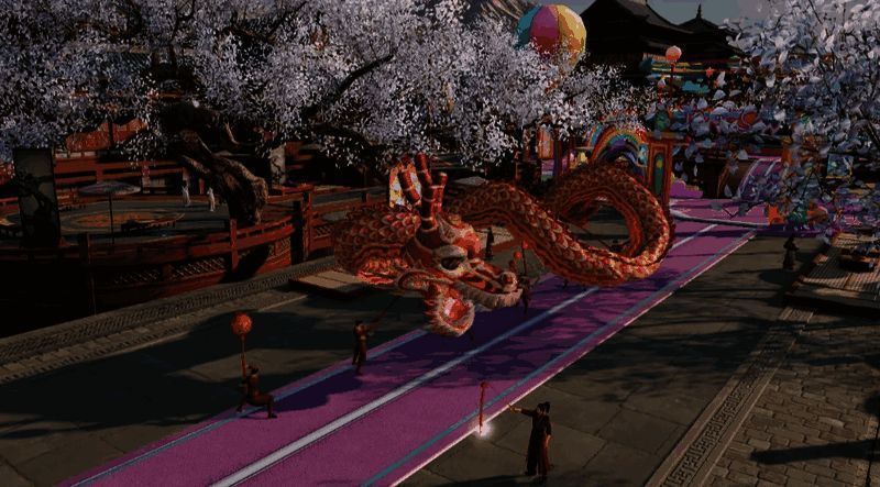 活动宣传图，背景为春节灯笼与烟花，中央展示游戏吉祥物与祝福语