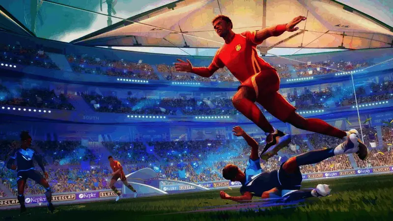 《开球! REMATCH》游戏封面图，呈现动感十足的足球对战场景