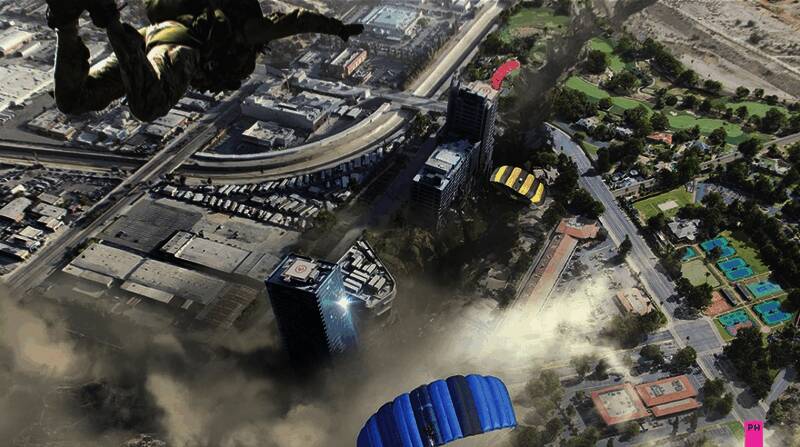 废墟城市中的战斗场景，建筑坍塌烟尘弥漫，士兵持枪警戒