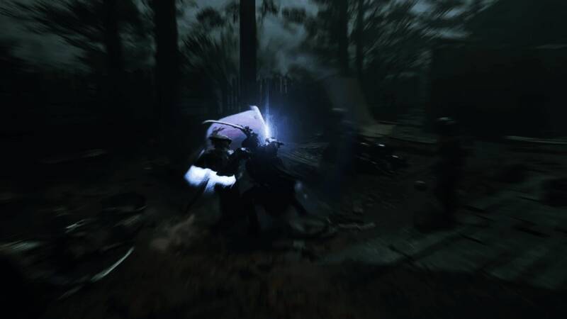 游戏场景展示，昏暗色调下的武士对决，充满压迫感