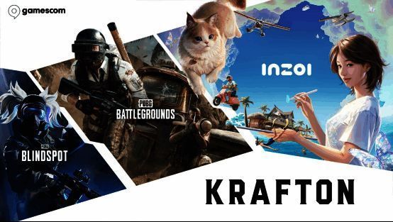 KRAFTON展区概念图，展示三款游戏宣传画面与试玩区域布置