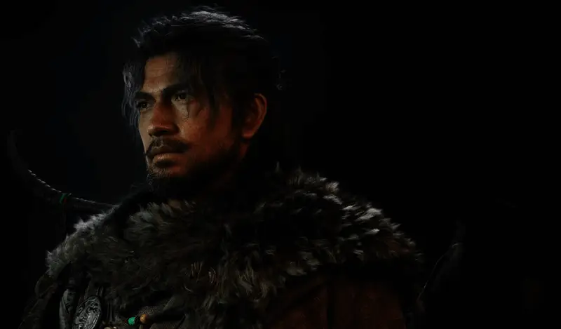 反派角色造型阴冷神秘，披风猎猎，手持双刃，背景为暗红色天幕下的战场