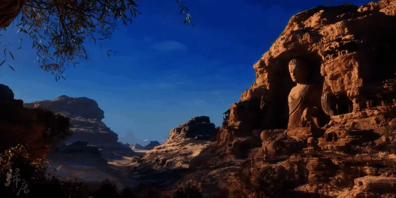 广阔平原上晨曦初现，金色阳光洒落大地，远处有骑马奔腾的身影掠过