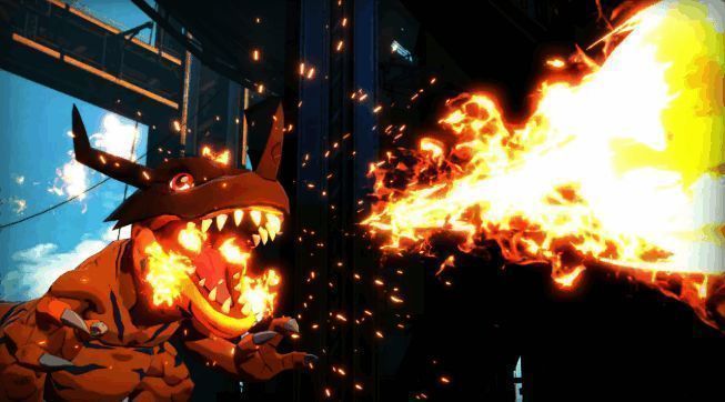 《数码宝贝BEATBREAK》动画场景图，主角与数码兽并肩而立，背景为未来都市