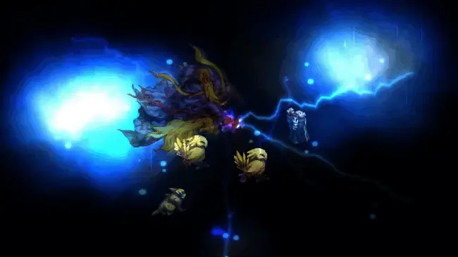 松野泰己与前广和丰在制作会议上的合影，背景为游戏概念图