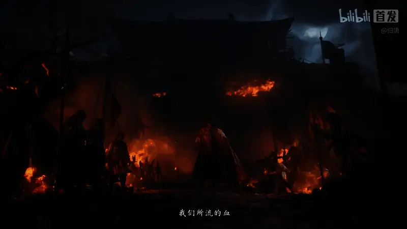 夜晚篝火旁几名信使围坐交谈，光影交错，气氛沉重而温暖