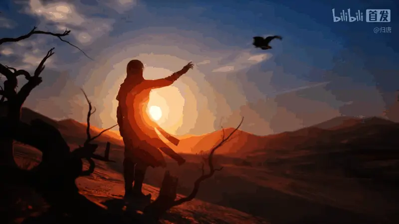 主角骑马疾驰在沙漠中，身后尘土飞扬，远处有敌军骑兵追赶