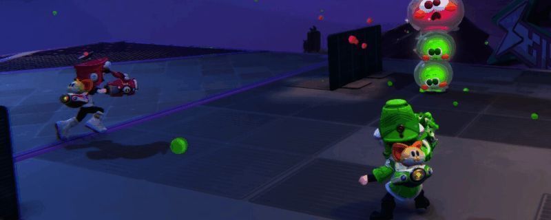 《泡姆泡姆》派对模式中角色合力对抗巨型Boss的震撼场面，场景充满科技感与机械元素