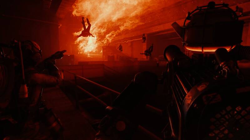 游戏内角色身穿战术护甲手持武器，背景为神秘实验室场景