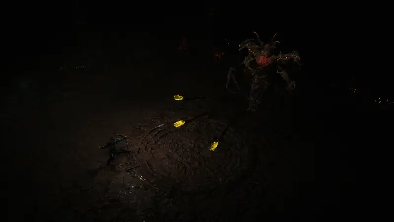 《暗黑破坏神4》圣骨箱界面展示，四个不同风格的宝箱排列整齐，背景为游戏内暗黑风格场景