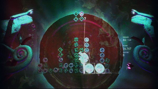 游戏音乐界面展示，背景为流动的音波图案，前景为耳机与播放列表界面