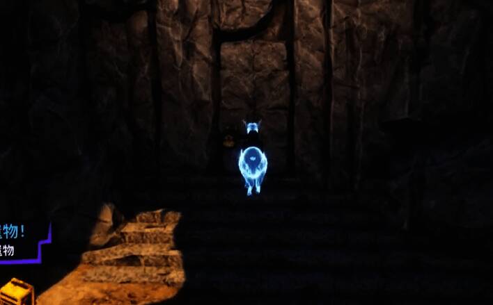 角色站在破开的岩壁前，露出背后神秘的石像