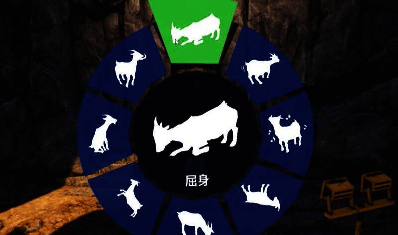 角色做出屈身动作，面对石像神情专注