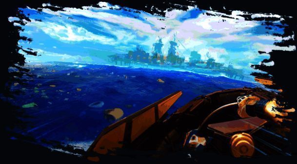 游戏场景展示漂浮在海面上的城市遗迹与奇异的生态环境