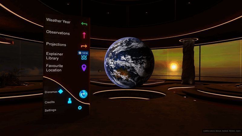 《气象档案馆》主界面展示，呈现出地球动态气象变化视觉特效