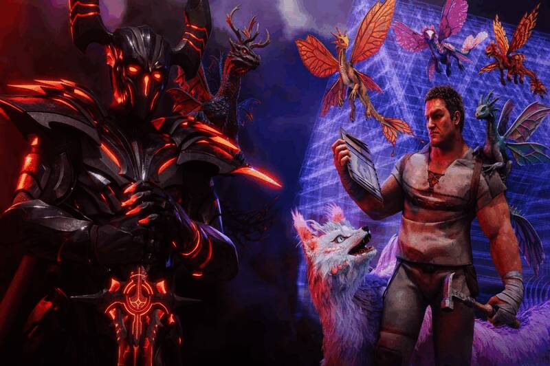 《方舟：失落之地》宣传图，展现主角与神秘生物在荒野中对峙的震撼画面