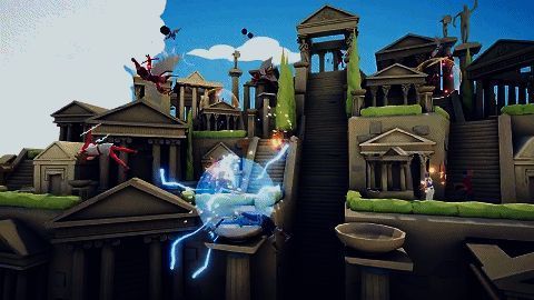 双人联机对战画面，双方角色混战一团，场面混乱又搞笑