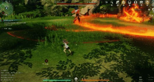 角色使用跳跃技能躲避boss旋转攻击，空中动作流畅且充满张力