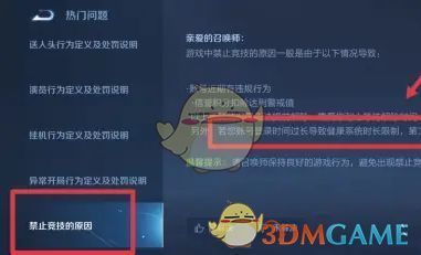 游戏内禁赛原因查询界面截图，展示不同禁赛类型的详细说明
