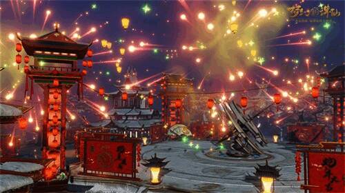 烟花在夜空中绽放，玩家角色抬头观看，背景为灯火辉煌的河阳城