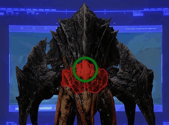 穿刺虫头部弱点特写，清晰展示红色肉体部位及攻击指示