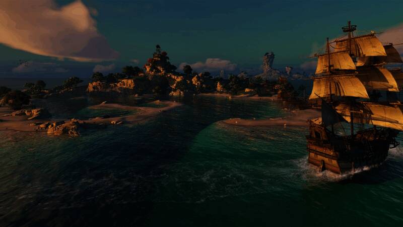 狂风暴雨中，主角的船只在巨浪间穿梭，远处隐约可见一只庞大的海怪身影