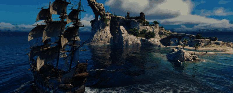 游戏主视觉图展示浩瀚无垠的蓝色海洋，远处岛屿若隐若现，风格唯美梦幻