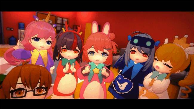 战斗场景截图，五位角色身穿紧身衣对抗巨型怪兽，特效炫酷