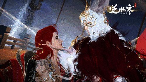 游戏角色穿着节日限定时装，在雪景中翩然起舞