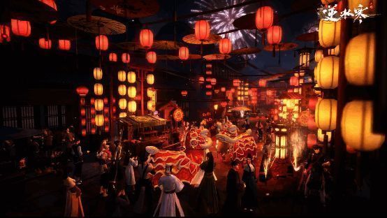 游戏中热闹非凡的春节集市，灯笼高挂，人群熙攘