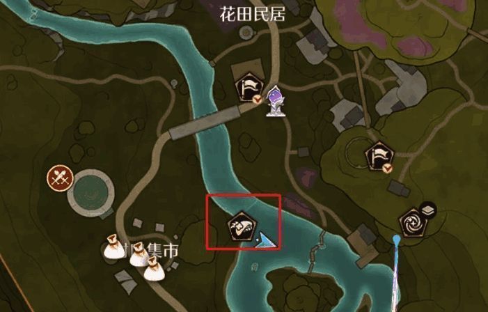 游戏地图中标注出的巨型画帽鸡所在位置，周围环境绿意盎然，景色宜人