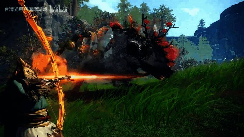 角色使用弓箭进行空中连射，背景为神秘日式神社场景