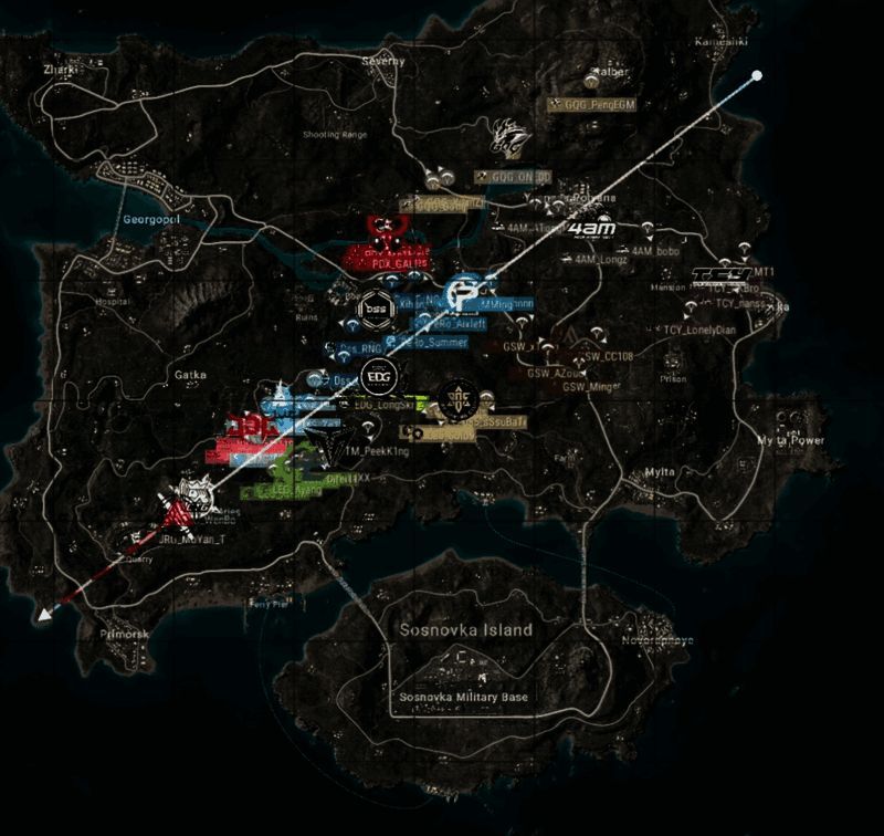 R1跳点分布图，展示各战队初始降落区域