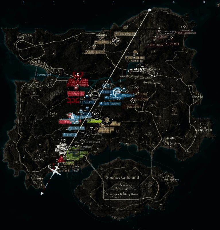 R2跳点分布图，展示各战队降落选择