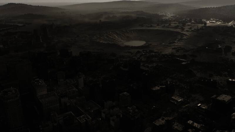 主角手持武器穿梭于破败街道，紧张气氛扑面而来