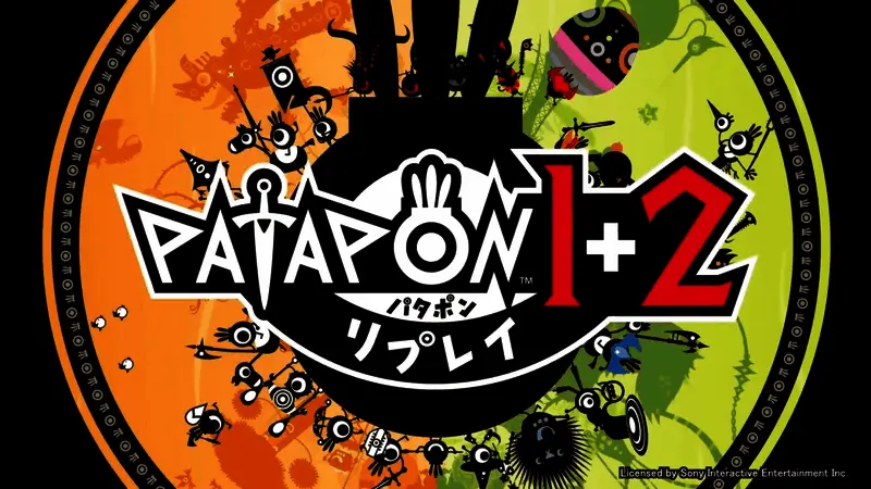 《啪嗒砰1+2合集》游戏封面风格画面，展示经典角色与节奏操作界面