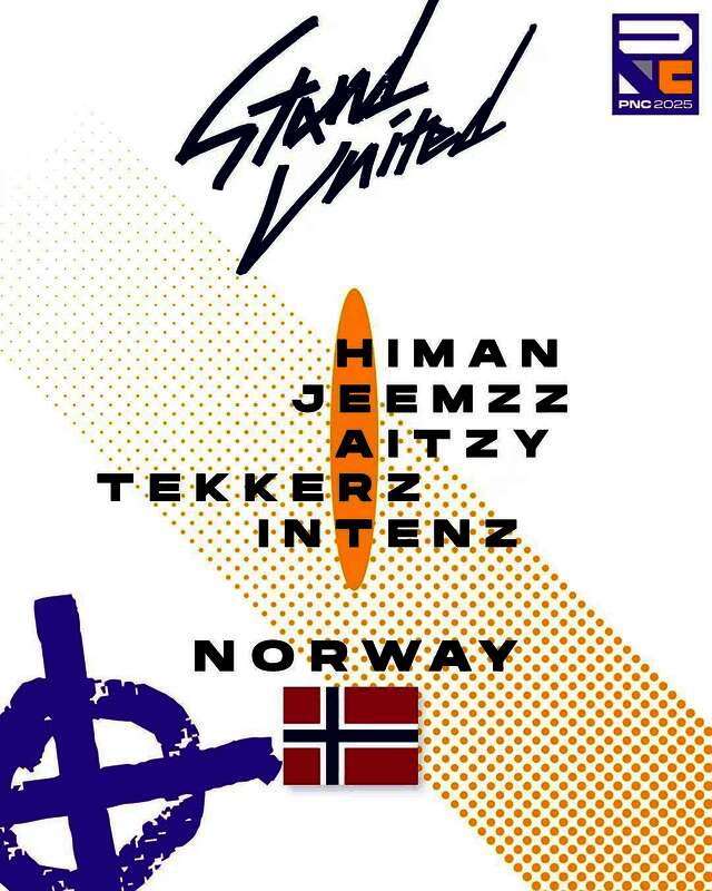 PUBG官方社交媒体发布的挪威PNC阵容公告截图，背景为赛事宣传图与选手头像