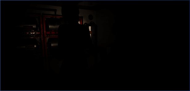 黑暗走廊场景截图，角色背影与昏暗灯光营造出压抑氛围