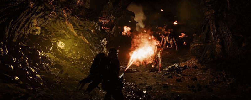 燃烧机枪蹂躏者战斗画面，手持火焰喷射器般的连发武器，周围火焰弥漫