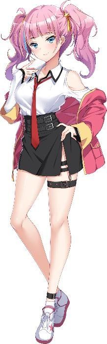 秋岛日和角色形象，穿着朋克风格服装，脸上带着俏皮笑容