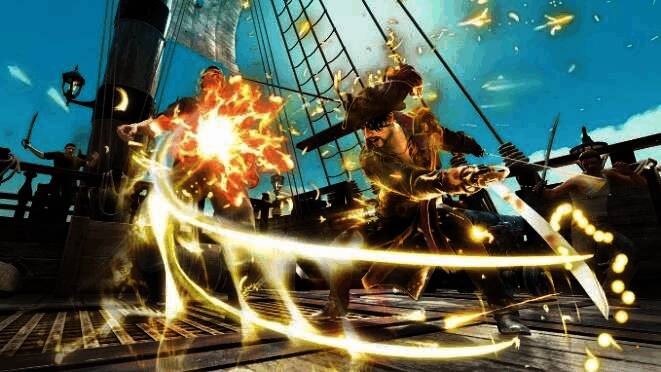 游戏中船只战斗场景，真岛驾驶帆船与其他海盗展开激烈对抗