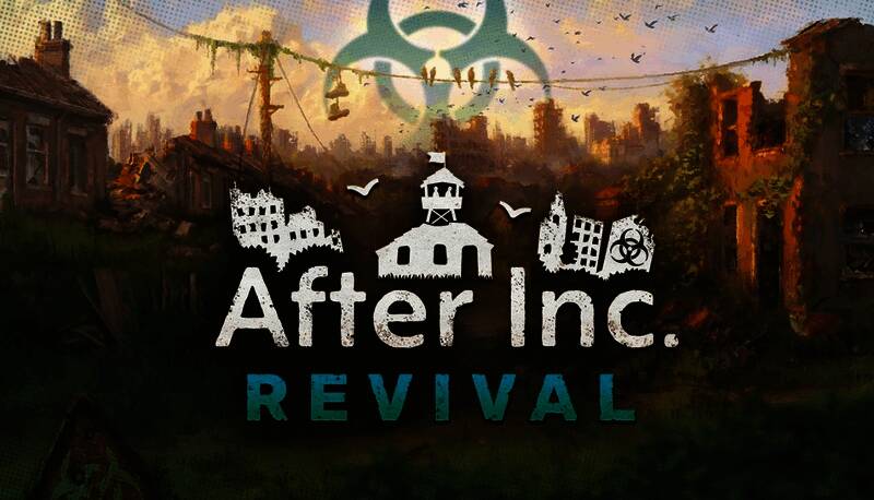 《劫后公司》游戏封面图，展示废土世界下的重建场景，背景为破败都市与新生绿意交织